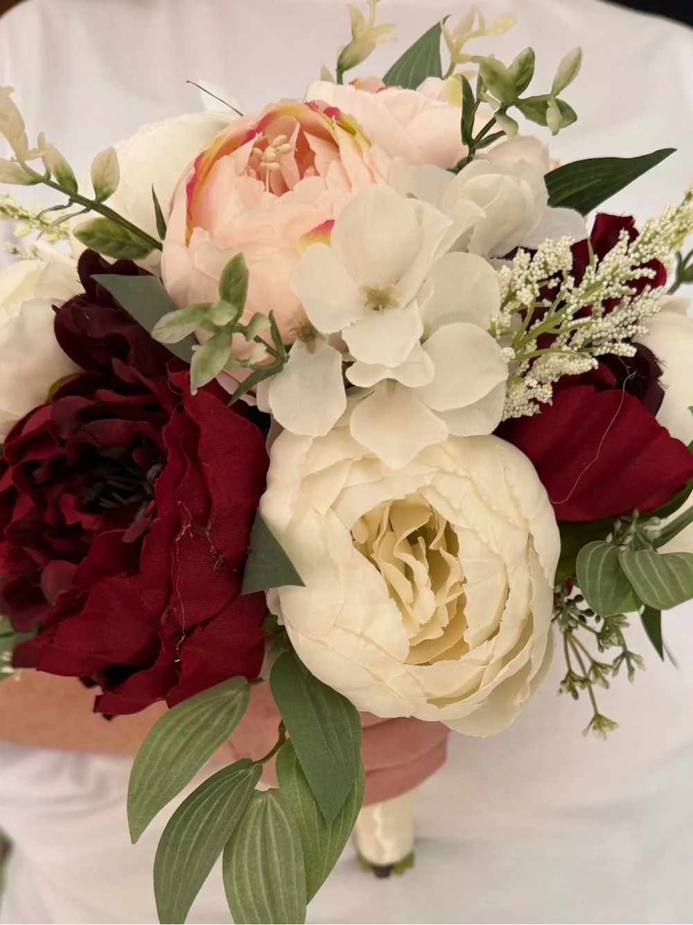 Silk Bridal/Bridesmaid Bouquet - Ivory, Blush & Burgundy Floral Arrangement